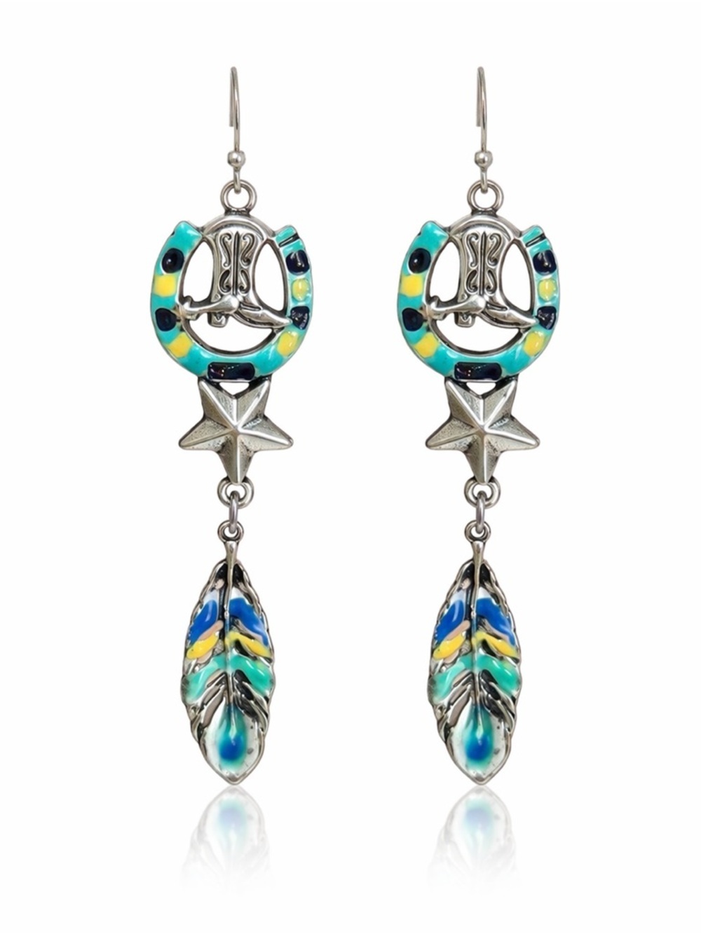 Western SilverTurquoise Feather Drop Earrings